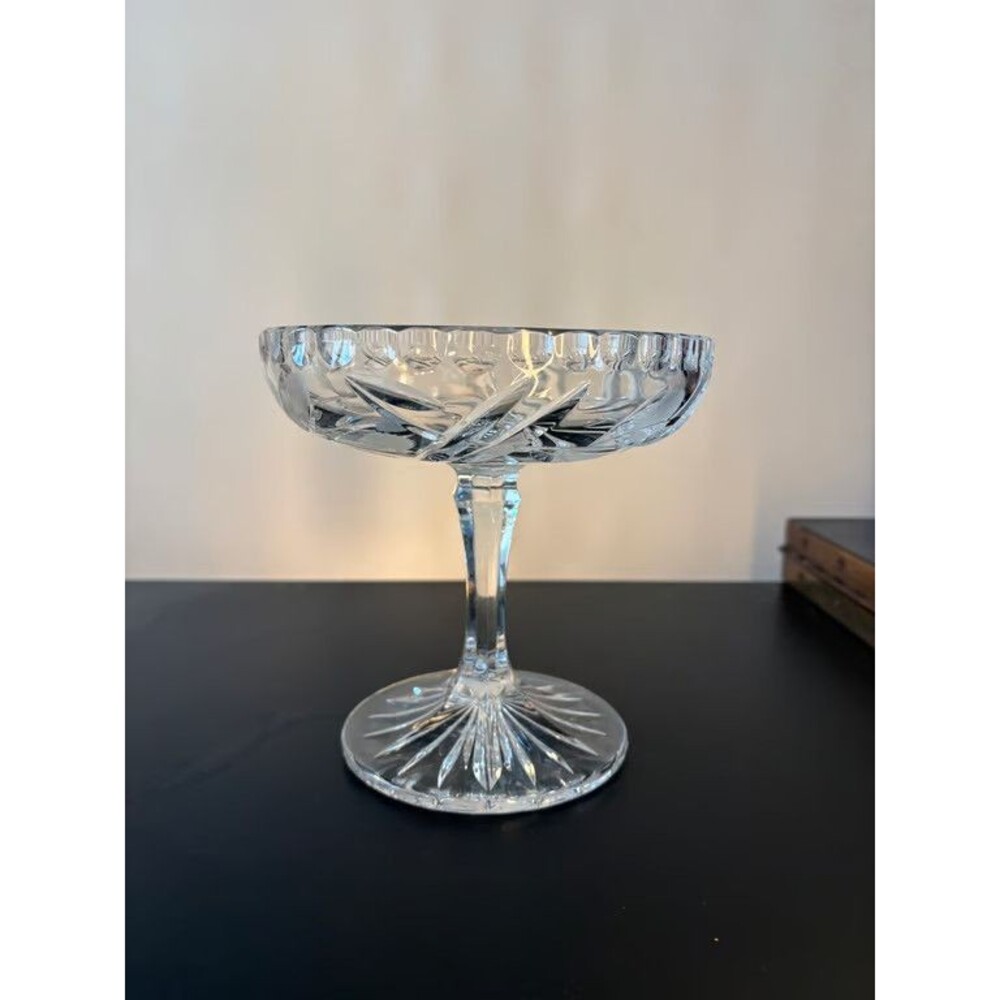 Cut Crystal Compote Footed Bowl Star Cut Base Etched Leaf Sawtooth Rim Vintage